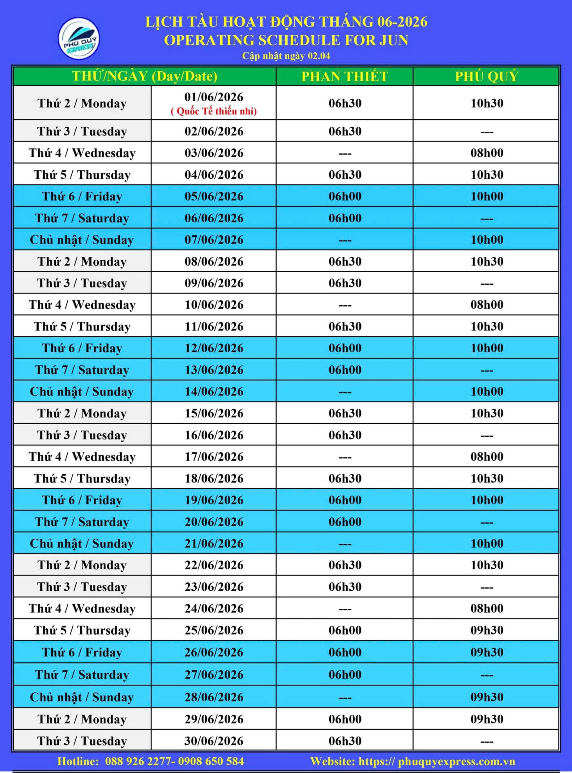 Lịch tàu Phú Quý Express Phan Thiết - Phú Quý 6/2026
