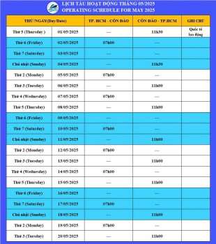 Thông Báo: Lịch Tàu Phú Quý Express Sài Gòn - Côn Đảo 05/2025