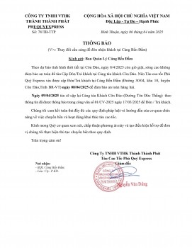 Thông Báo Điều Chỉnh Cầu Cảng Đón Khách Tại Côn Đảo (Tàu Phú Quý Express)